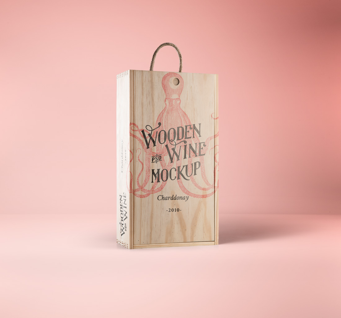 Psd Wine Wood Box Mockup 红酒包装贴