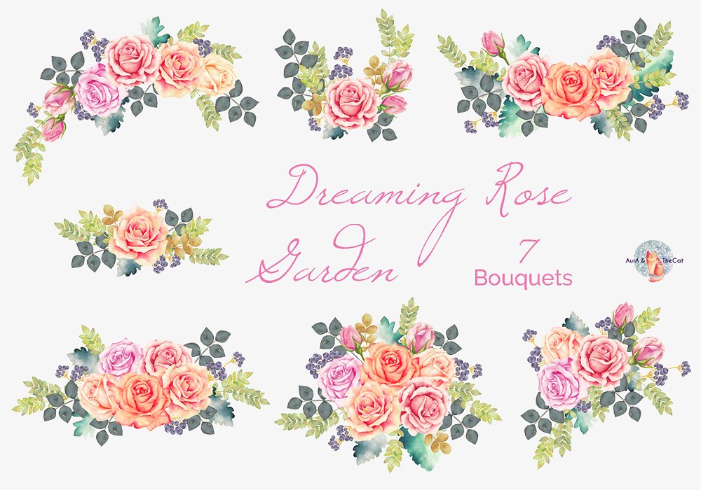 手绘水彩花卉设计素材Dreaming Rose Garden