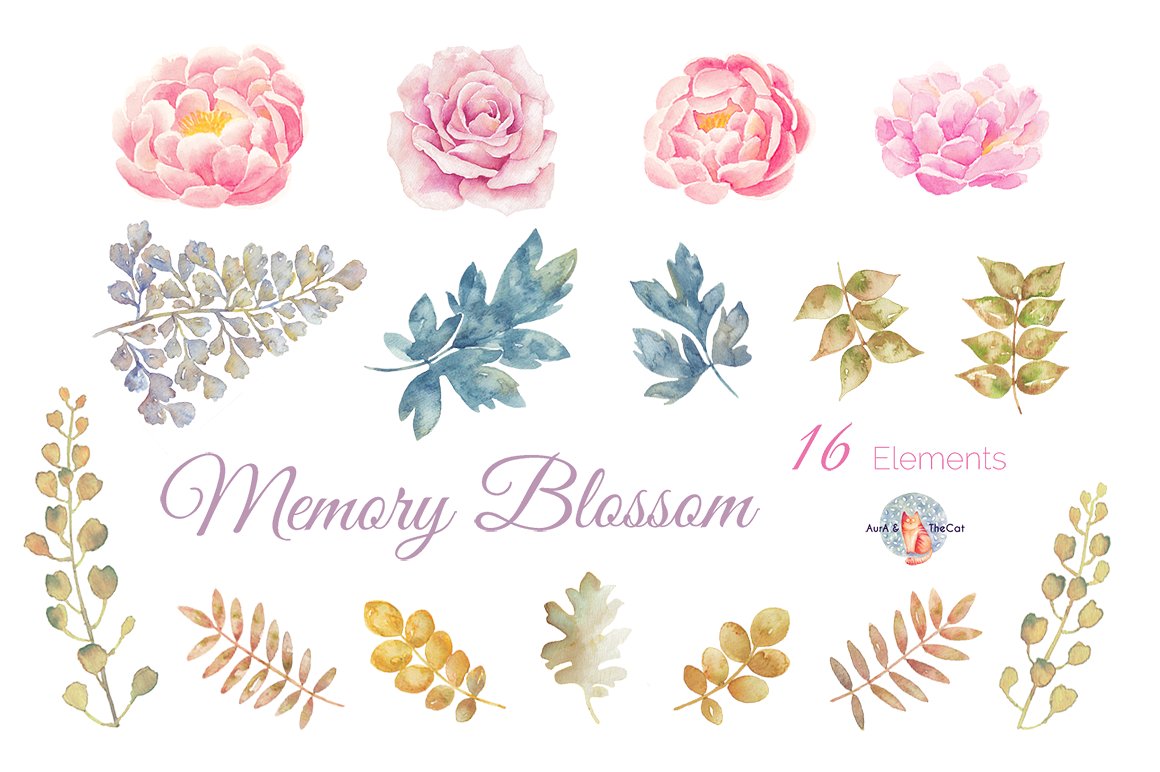 手绘水彩花卉设计素材Memory Blossom Water