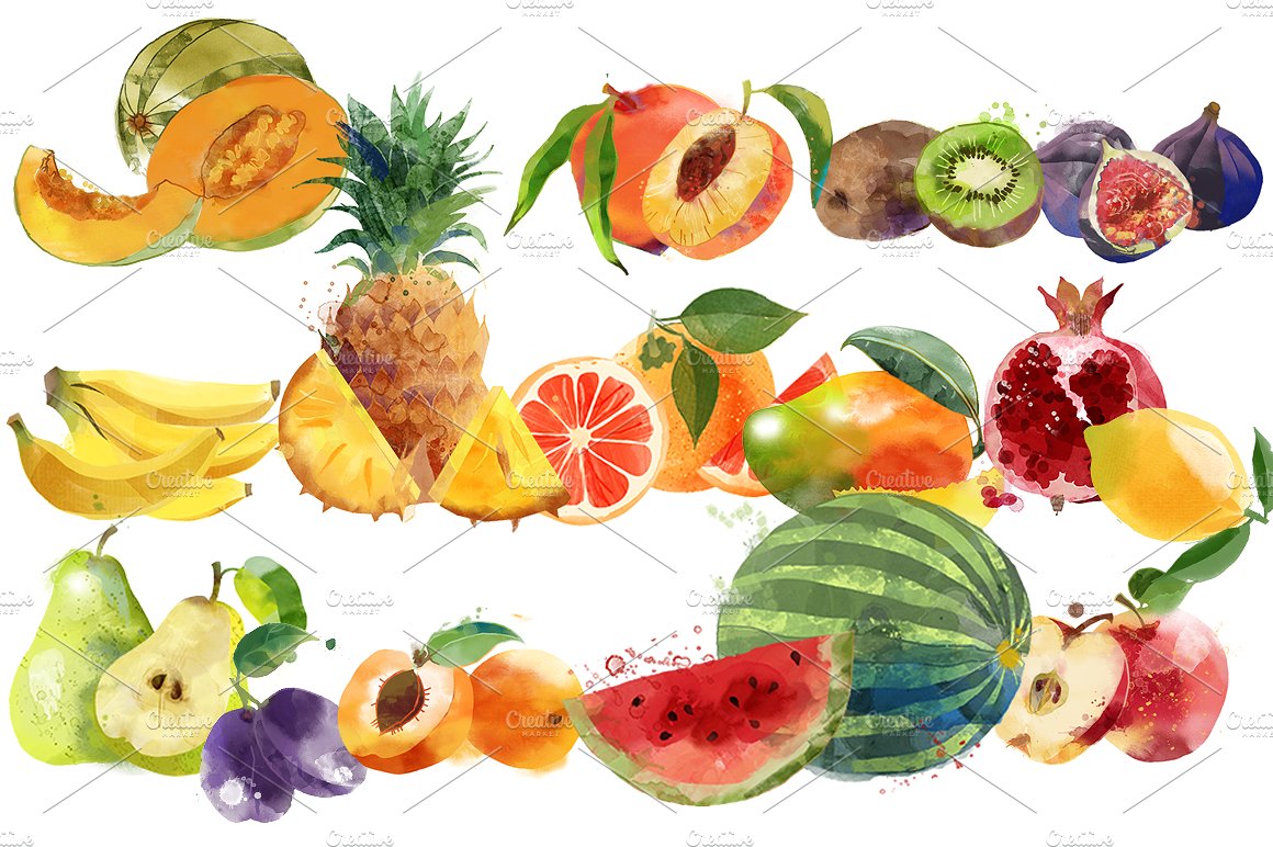 Watercolor fruits and berries