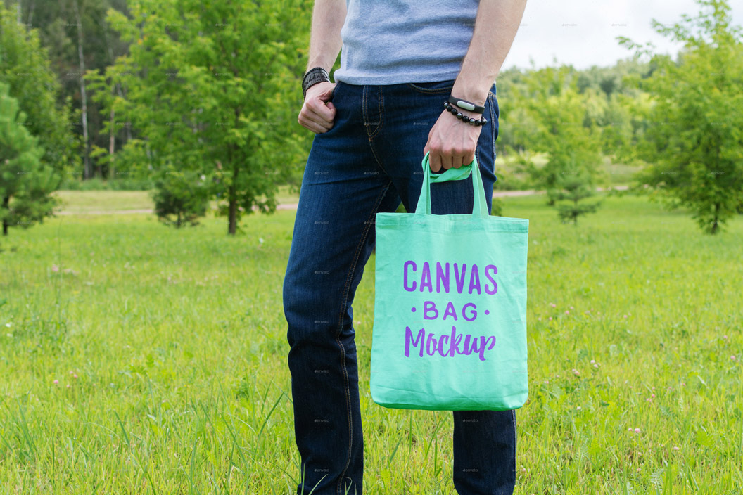 高质量户外场景手提袋模型PSD贴图模板Canvas Bag