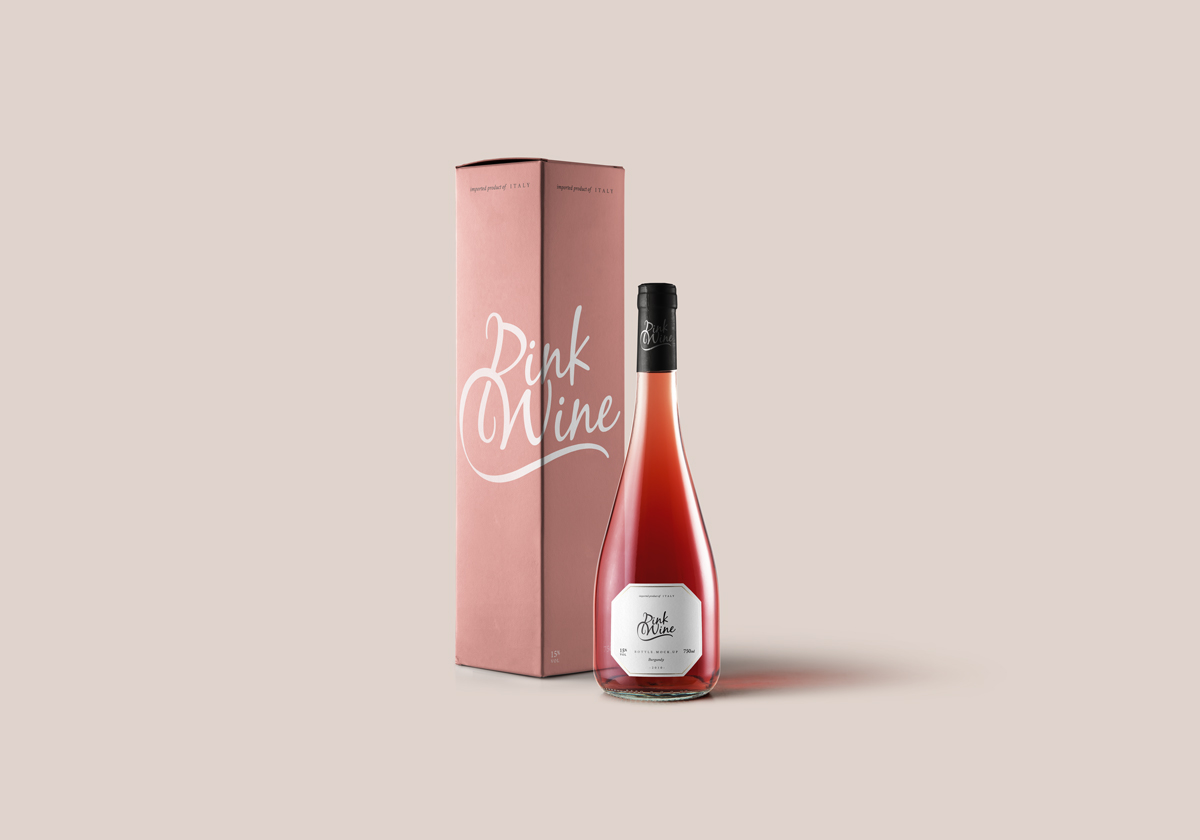 粉红色红酒包装贴图样机PSD模板Burgundy Rosé