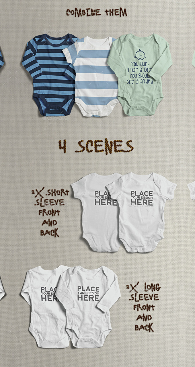 婴儿服装贴图样机PSD模板Baby Bodysuit Clo
