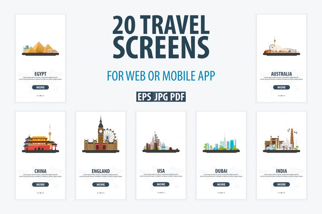 旅行APP-20个国家启动界面图矢量 Travel