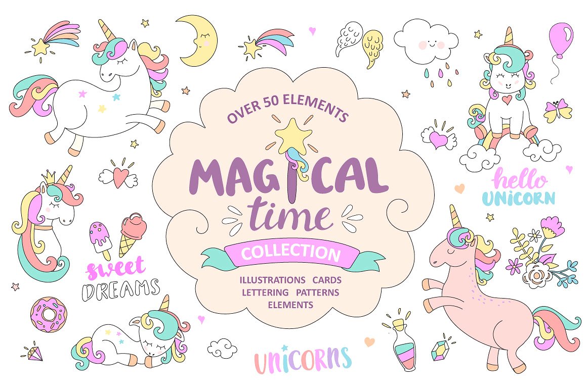 卡通独角兽矢量 Magical time Unicorns