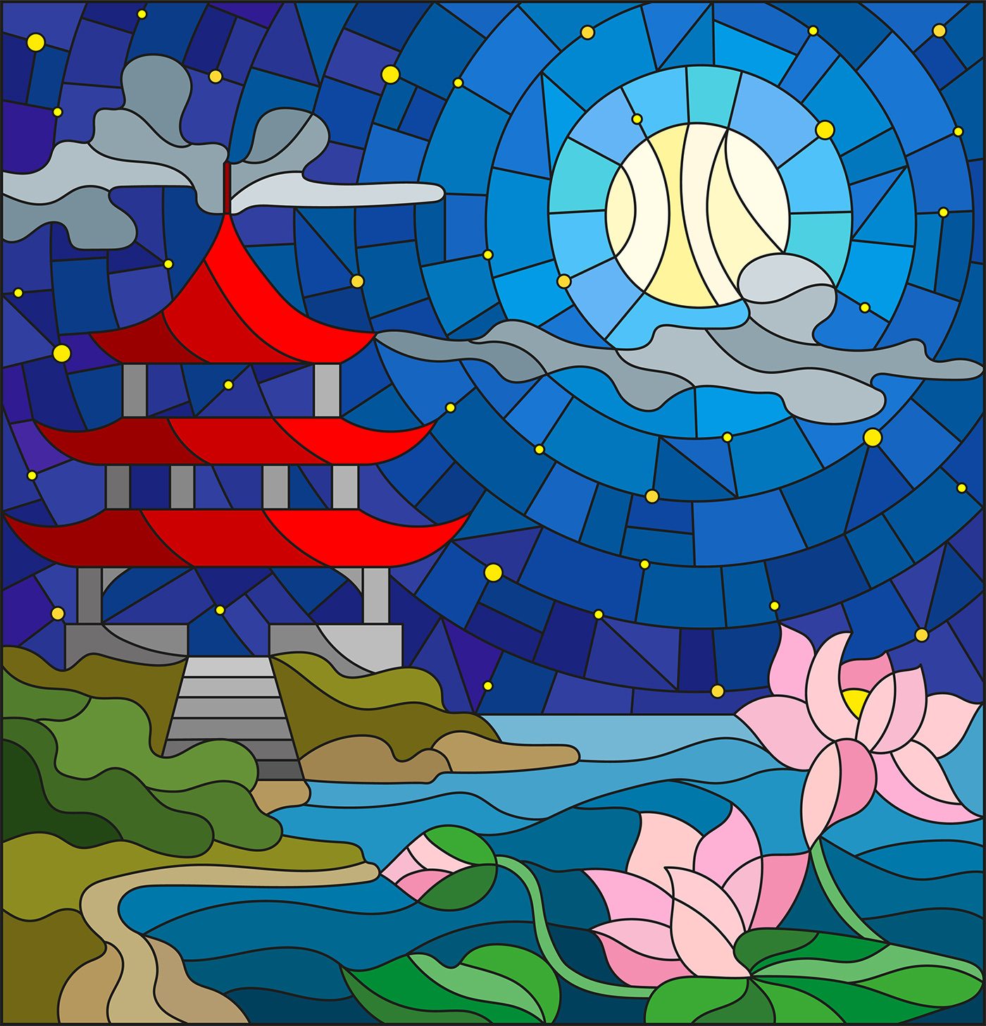 山水风景彩色玻璃效果矢量插图 Landscape