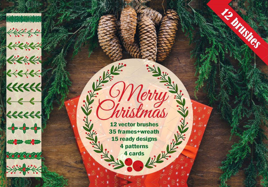 手绘矢量圣诞花纹边框素材 Christmas wreath