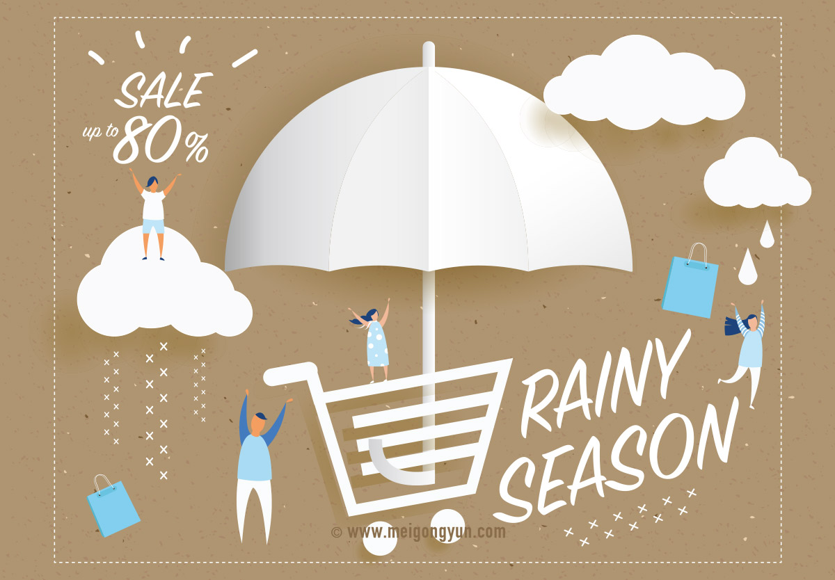 雨季促销剪纸风格矢量海报Rainy Season Sale#