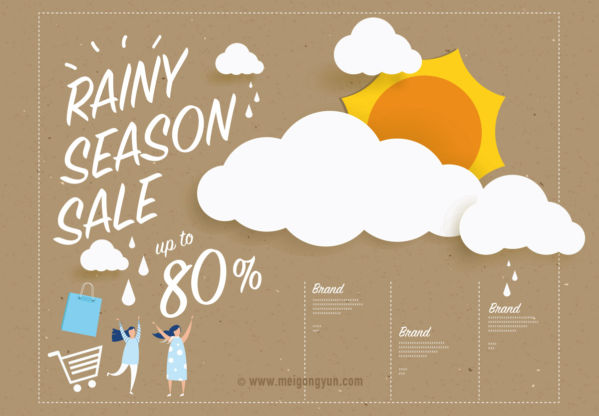 雨季促销剪纸风格矢量海报Rainy Season Sale#