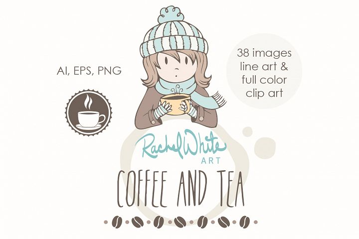 Coffee & Tea 可爱线稿咖啡和茶的图形插画