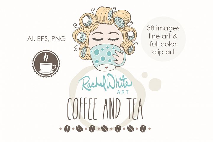 Coffee & Tea 可爱线稿咖啡和茶的图形插画