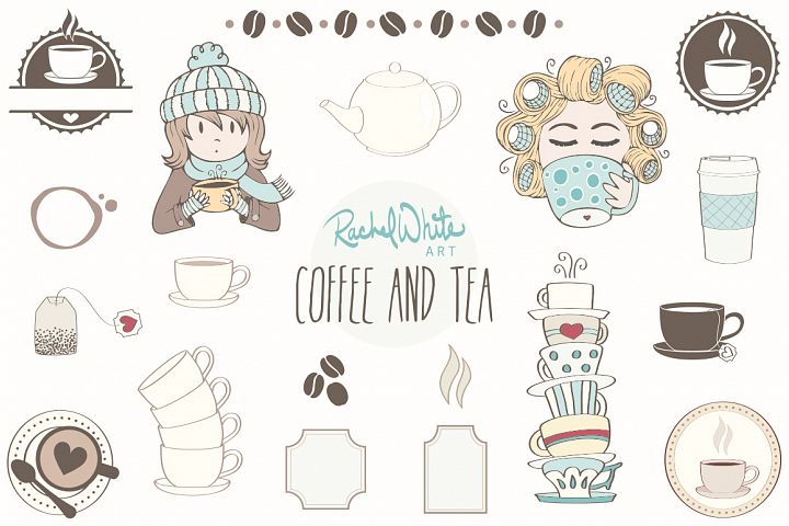 Coffee & Tea 可爱线稿咖啡和茶的图形插画