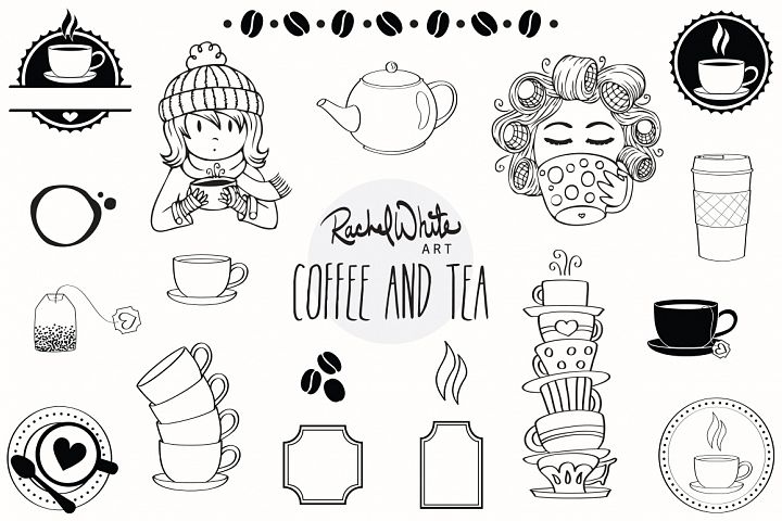 Coffee & Tea 可爱线稿咖啡和茶的图形插画