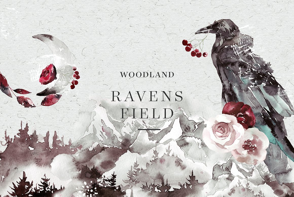 复古艺术装饰水彩画DIY元素 Woodland Ravens