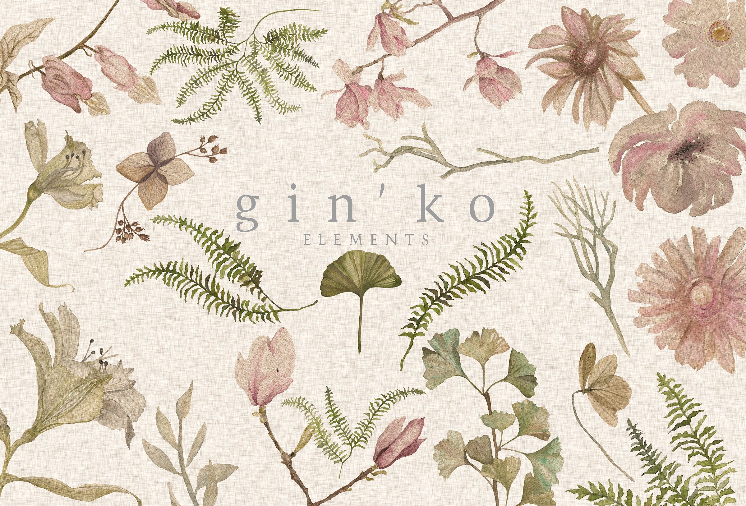 古老的东方米纸纹理和水彩花卉图案 GIN'KO Textur