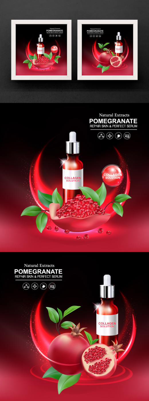 红石榴护肤精华广告宣传矢量海报素材 Pomegranate