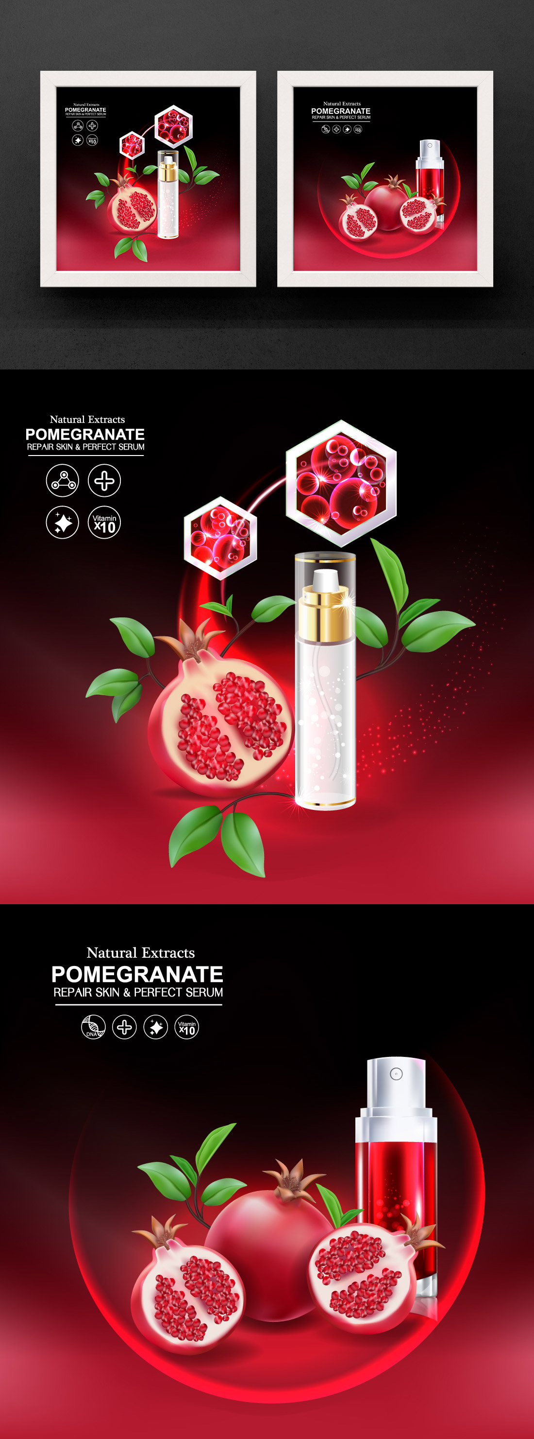 红石榴护肤精华广告宣传矢量海报素材 Pomegranate