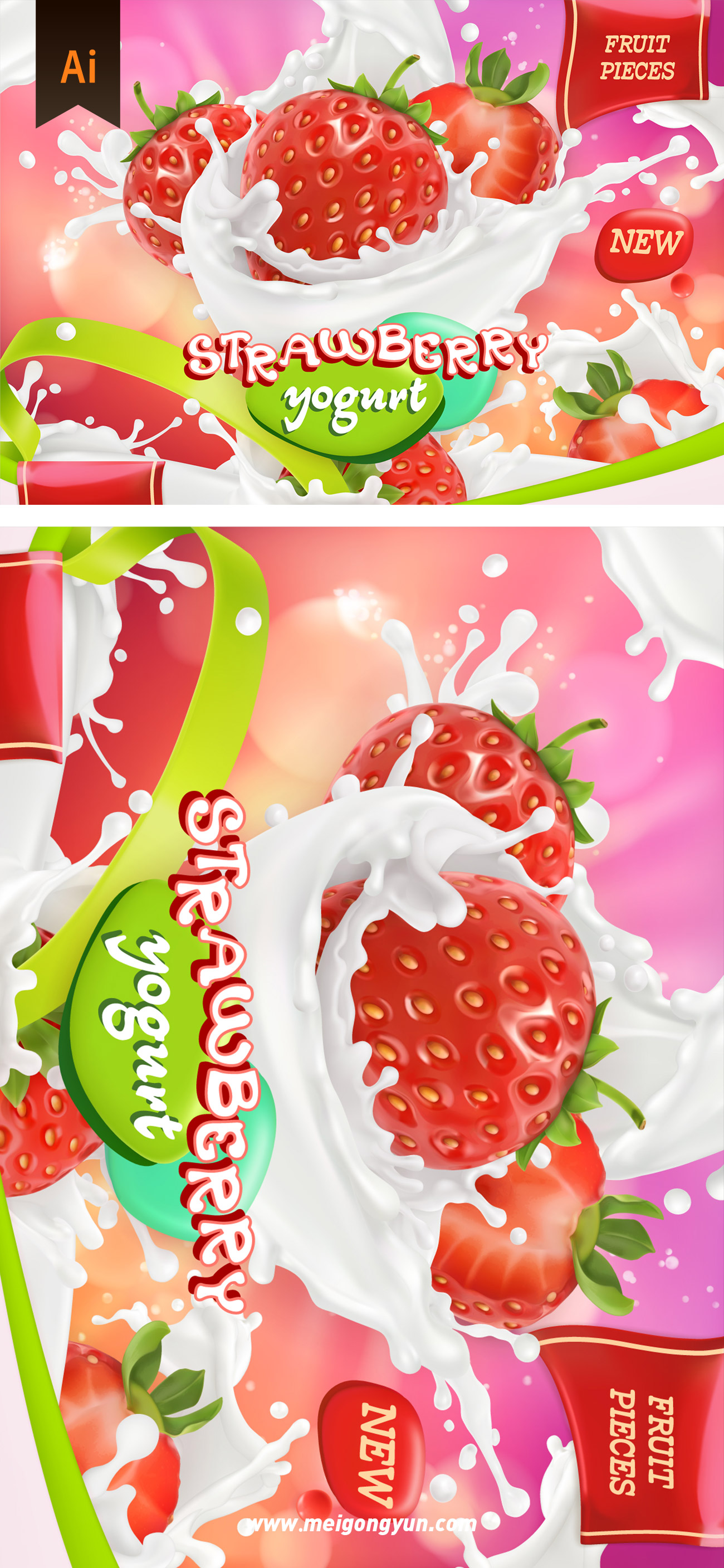 Strawberry Yogurt 牛奶中的草莓蓝莓矢量素材