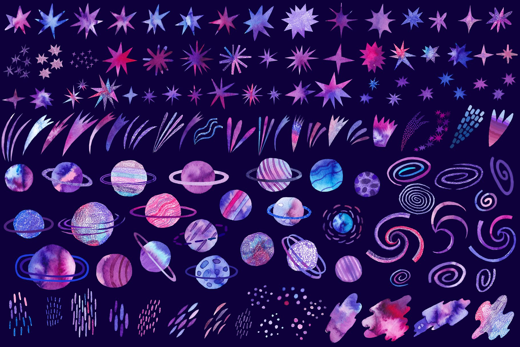 手绘紫罗兰色水彩宇宙空间银河系插画元素 Watercolor