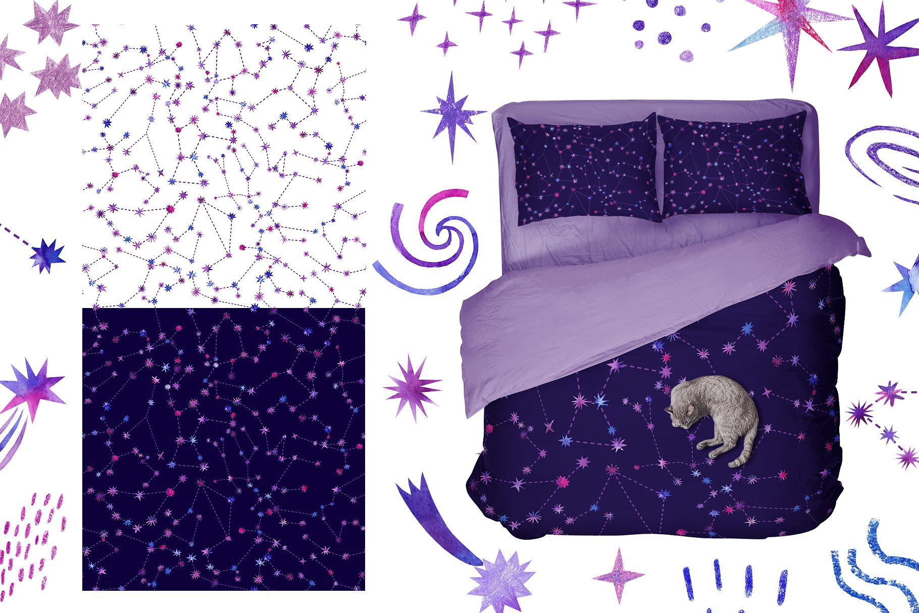 手绘紫罗兰色水彩宇宙空间银河系插画元素 Watercolor