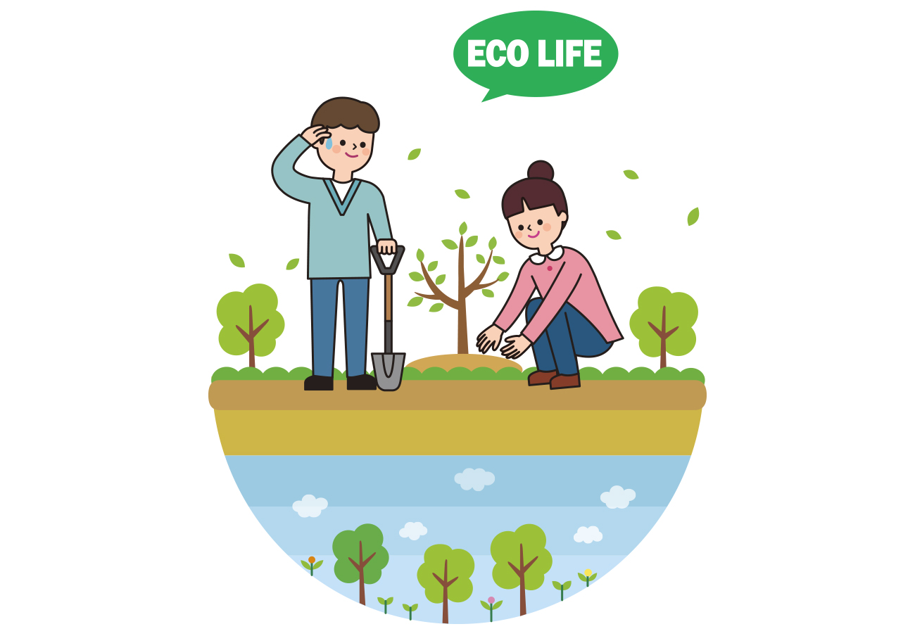 ECO LIFE 绿色植树有机生态AI矢量插图素材 ti12