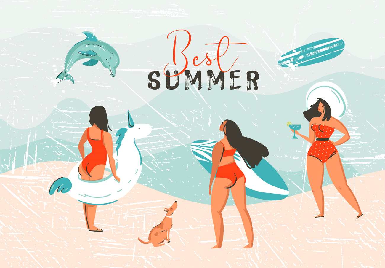 夏日沙滩女孩矢量手绘插画素材及PNG元素合集包 Summer