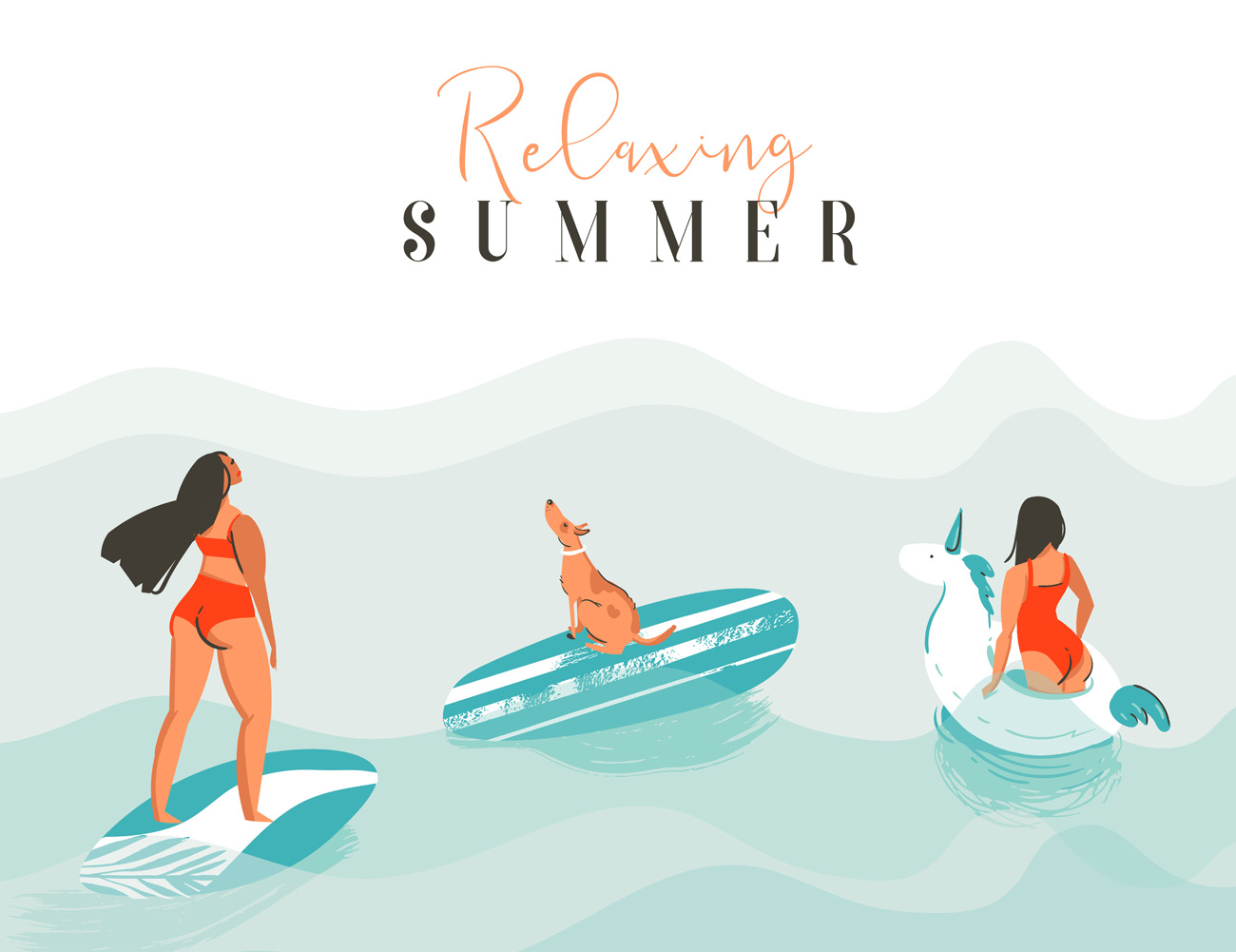 夏日沙滩女孩矢量手绘插画素材及PNG元素合集包 Summer