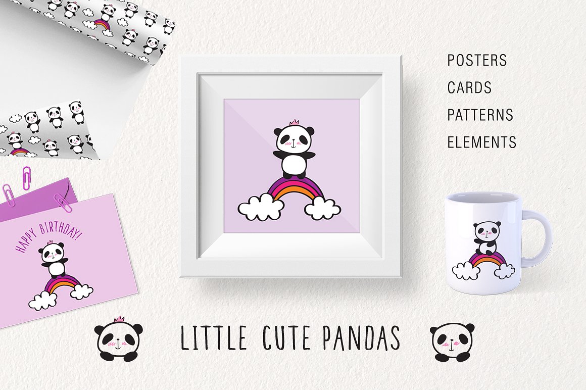 可爱手绘小熊猫矢量插图素材及纹理合集包 Little cut