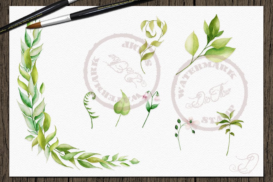 手绘水彩花朵和叶子剪贴画PNG免扣元素 Floral Lea