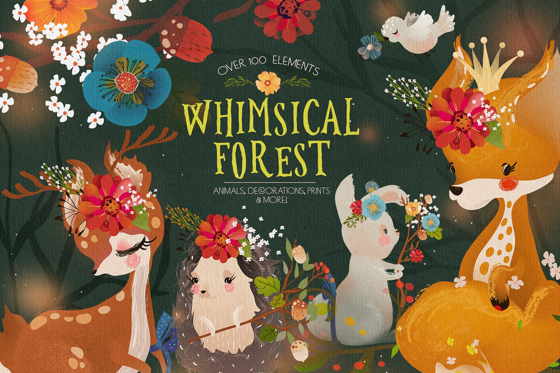 异想天开的森林小动物卡通手绘水彩矢量插画素材 Whimsic