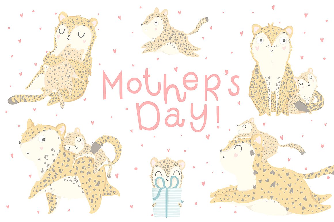 可爱温馨的手绘豹子母亲节矢量素材 Mother's Day