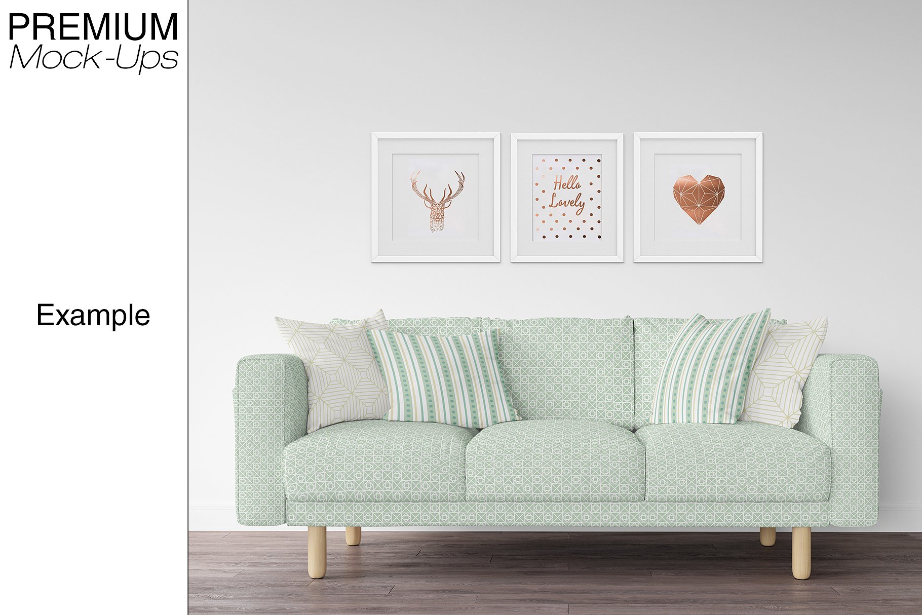 沙发和相框场景展示样机 Sofa, Pillows &