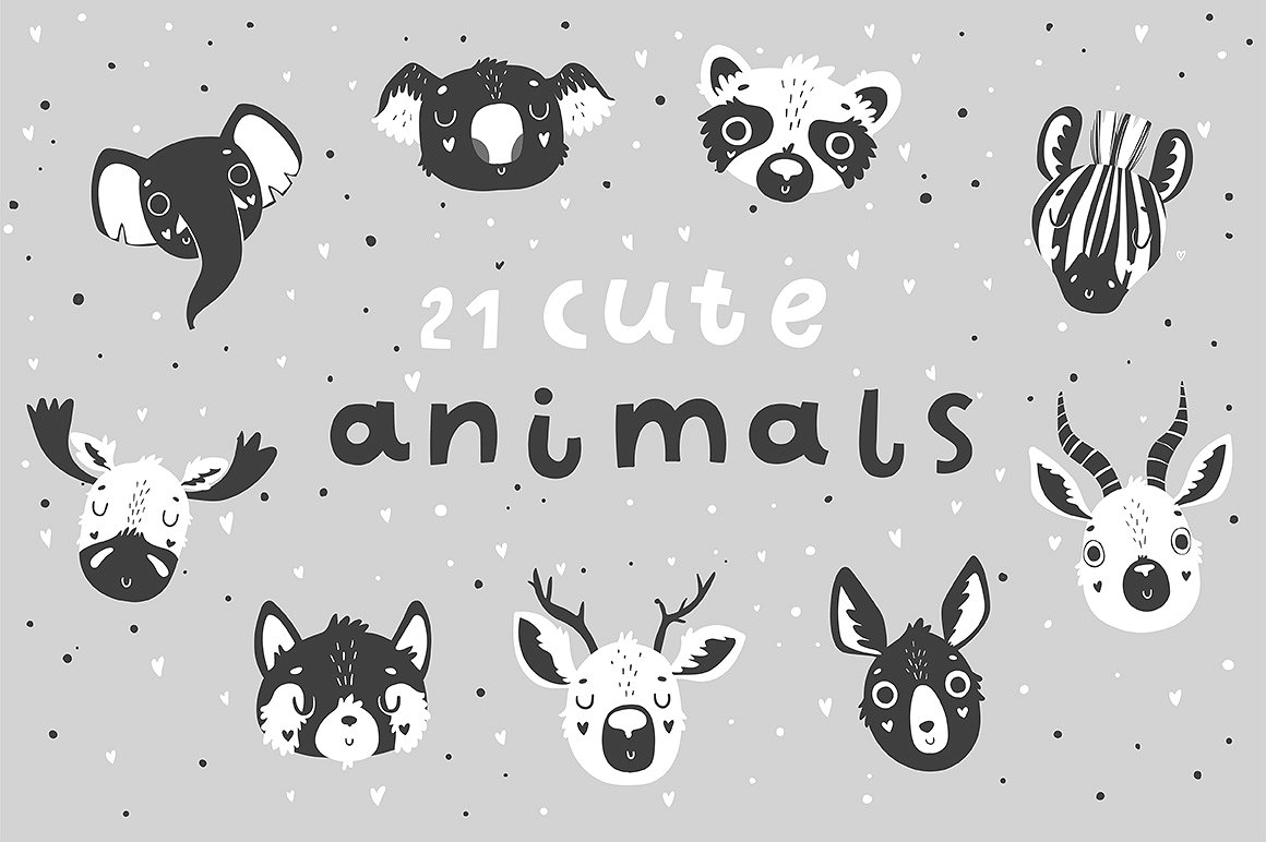 可爱的手绘单色卡通动物插图 Scandi Animals S