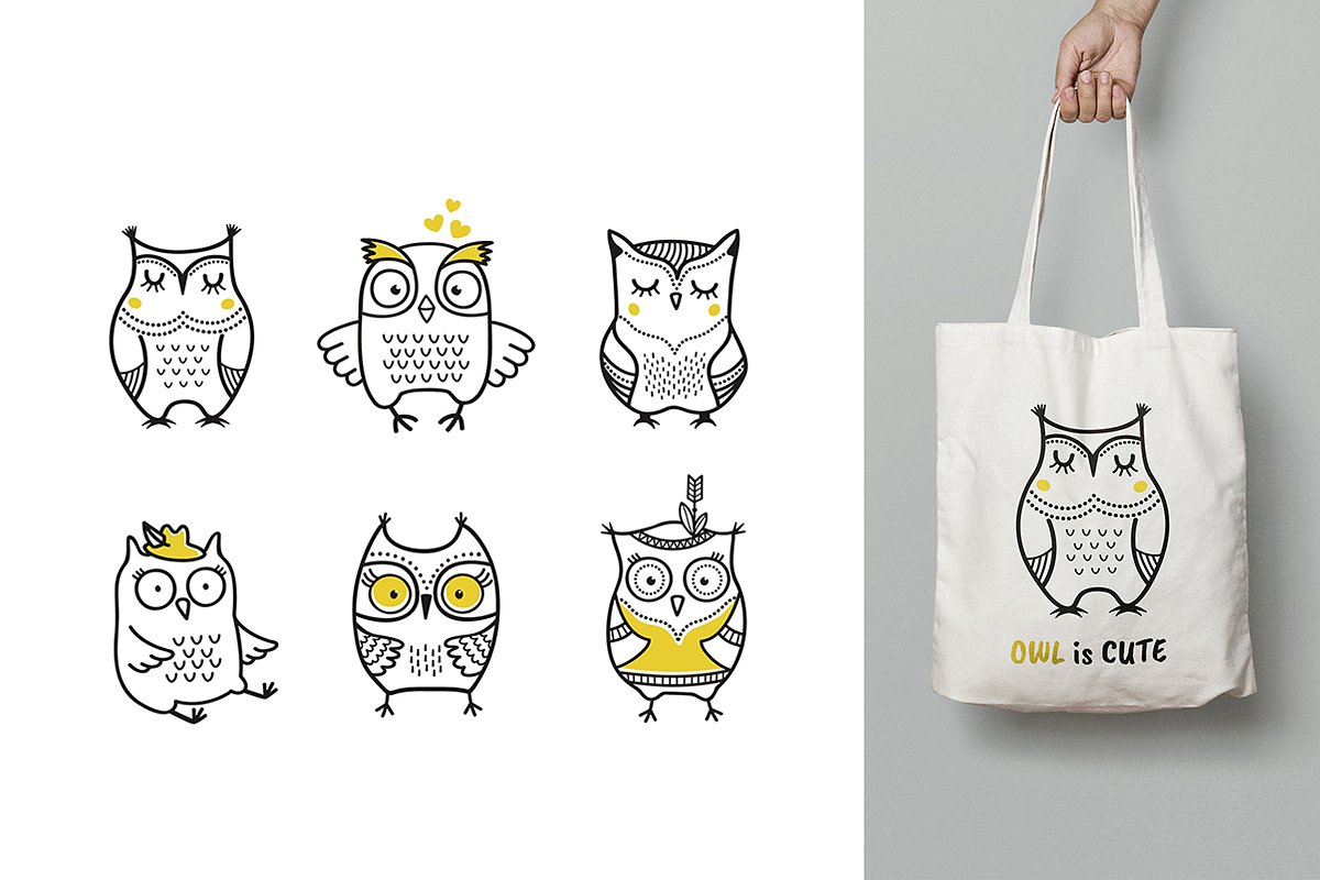 可爱的猫头鹰矢量插图和无缝图案素材 Cute Owls Cl