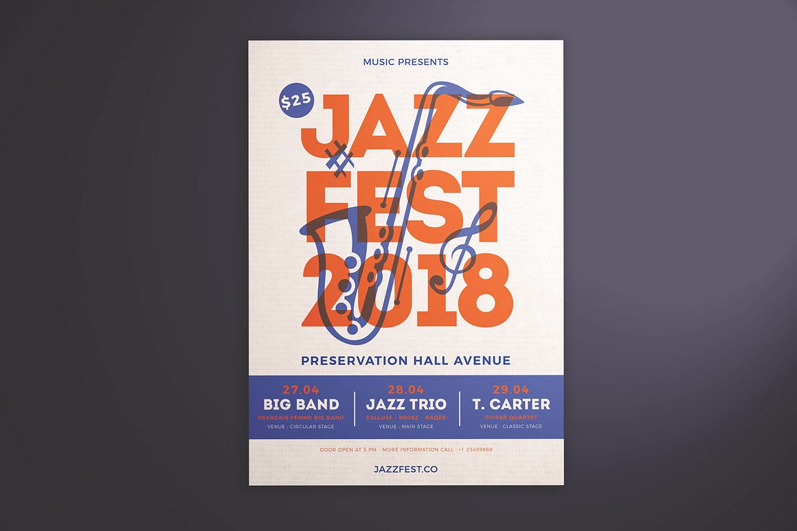 时尚简约的爵士音乐节海报传单模板azz_Festival_F