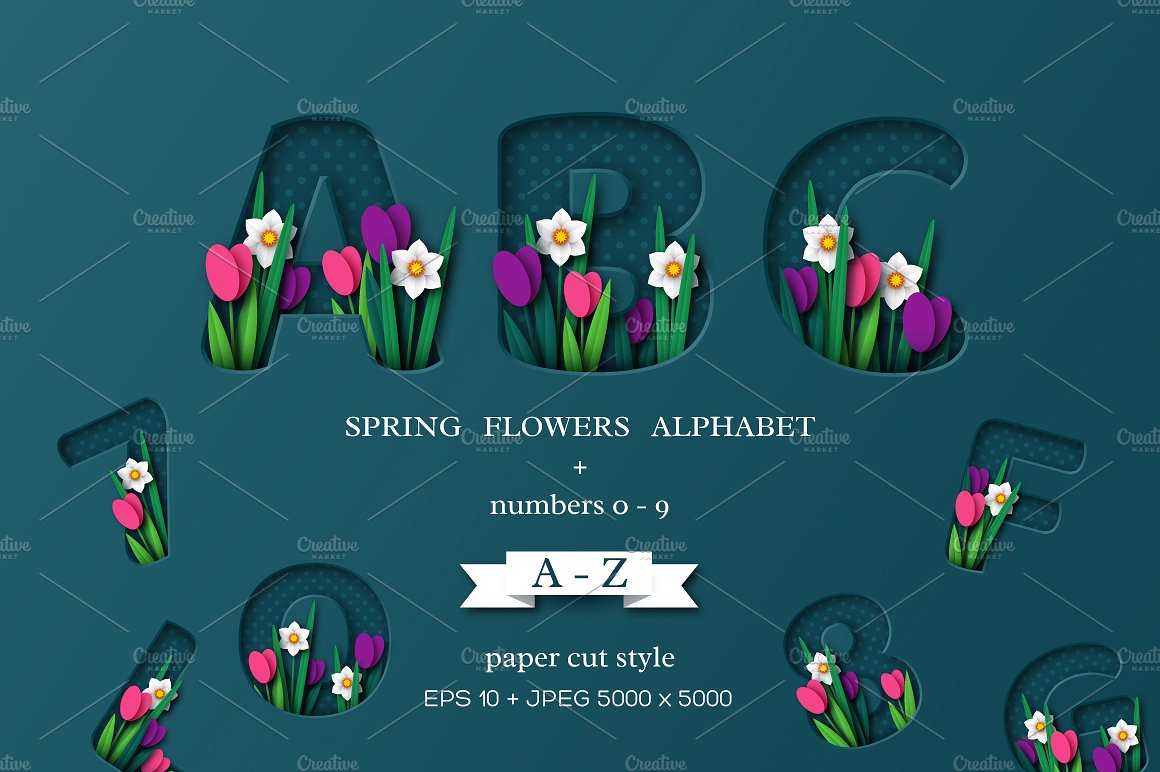 剪纸风格的春季鲜花英文字体和数字设计矢量素材下载flower