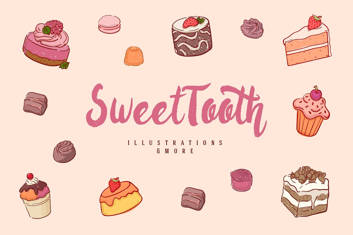 甜美的手绘蛋糕&冰淇淋矢量卡通素材下载Sweetto