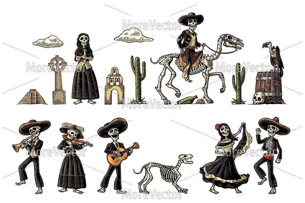 墨西哥骷髅骨架和死亡主题刻字大包3D_Corporate_I
