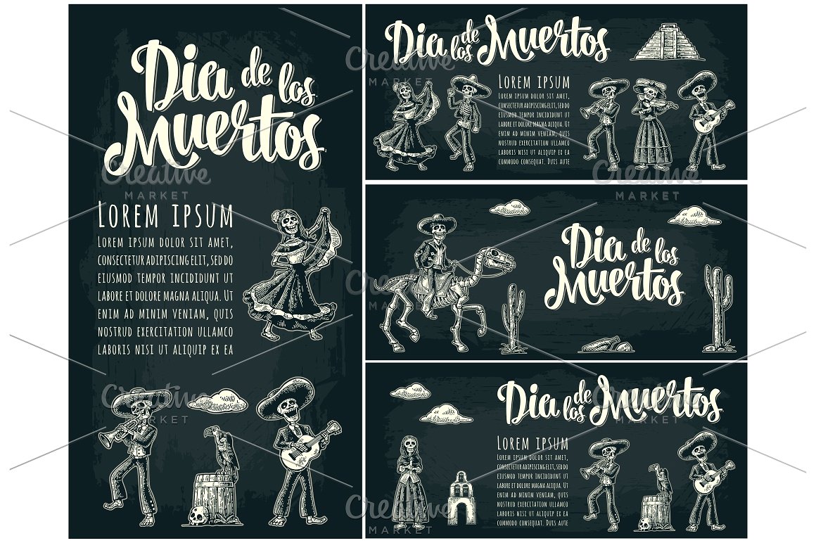 墨西哥骷髅骨架和死亡主题刻字大包3D_Corporate_I