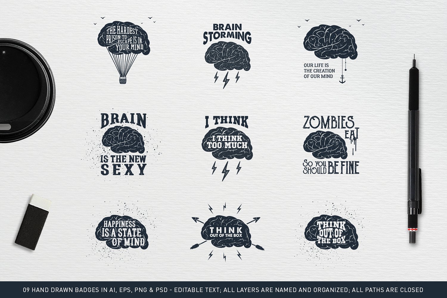 9个手绘大脑人工智能徽章矢量素材下载BrainStormin
