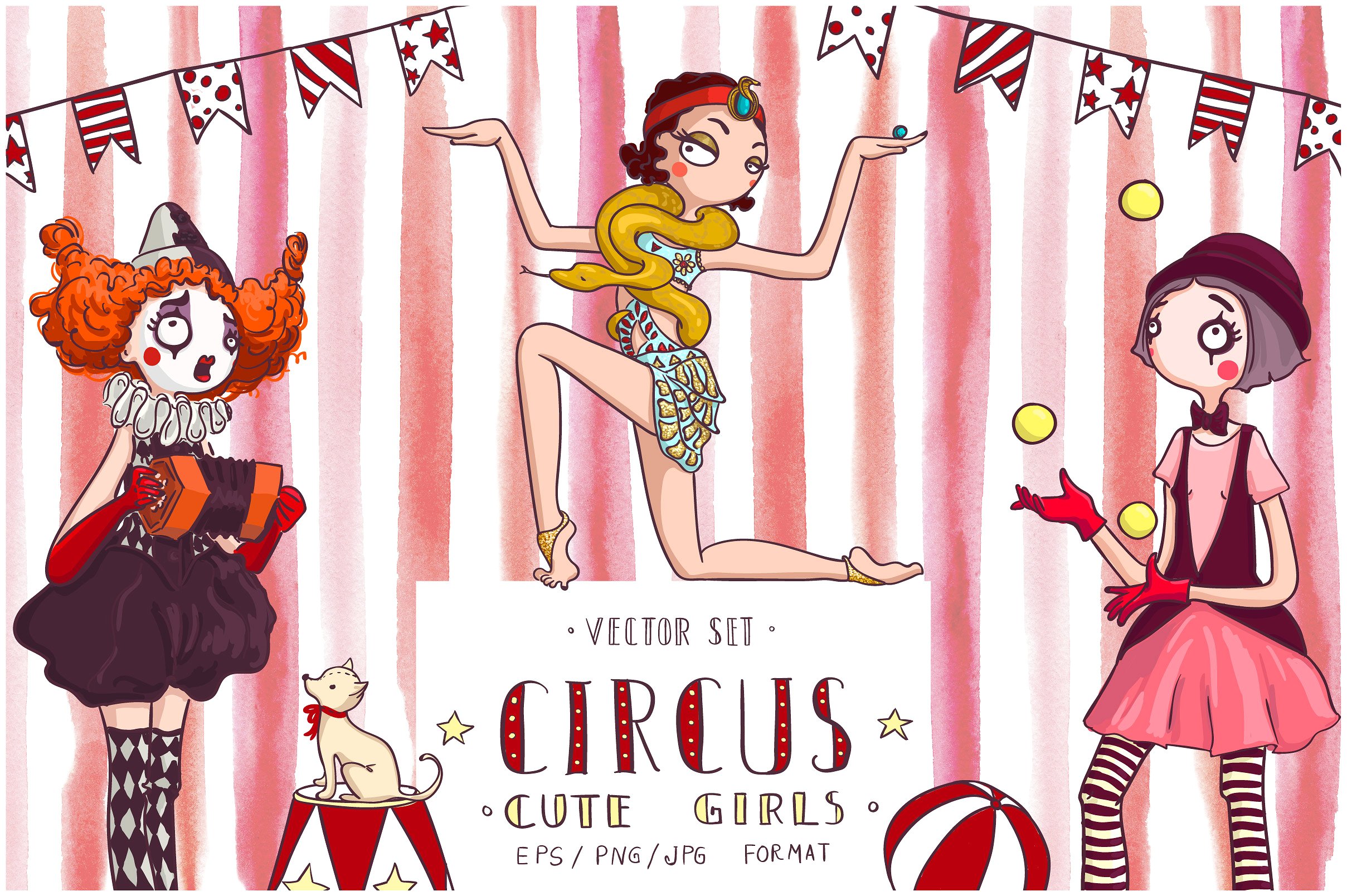 手绘矢量水彩风格的马戏团女孩可爱插图集合 Circus_Cu