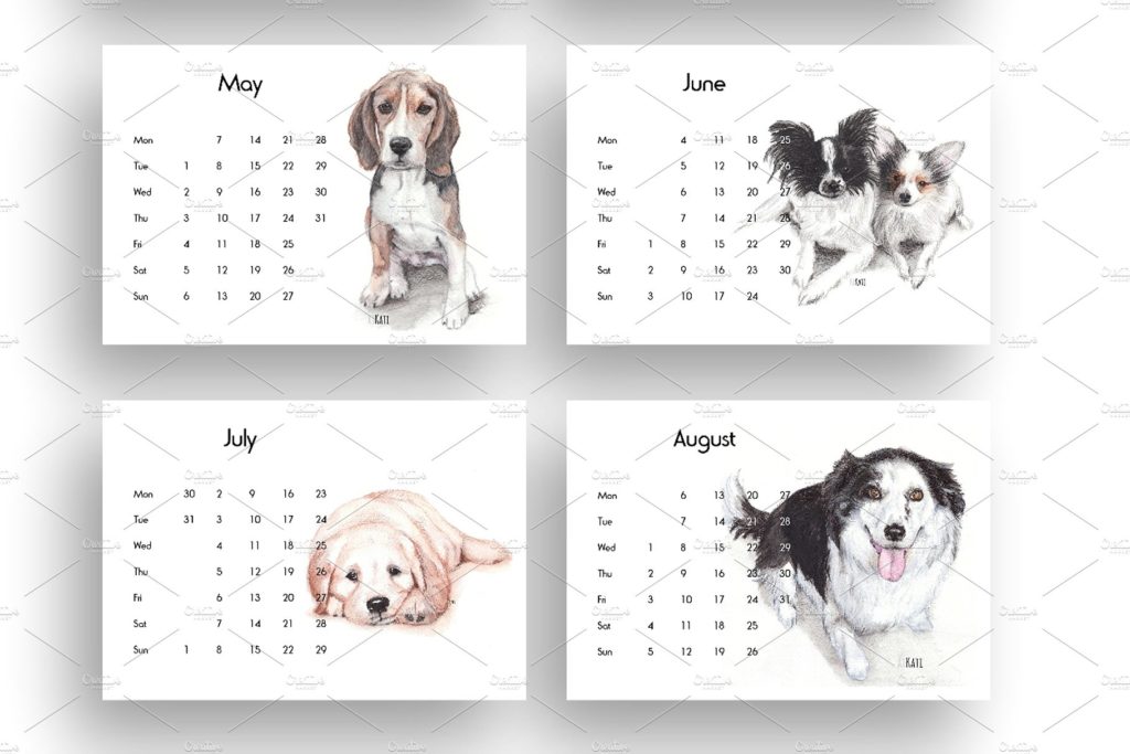 2018年水彩手绘狗狗日历模版下载Dogs calendar