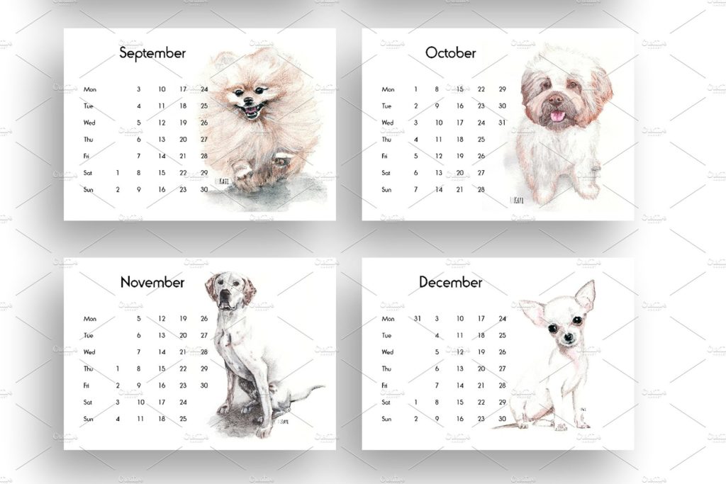 2018年水彩手绘狗狗日历模版下载Dogs calendar