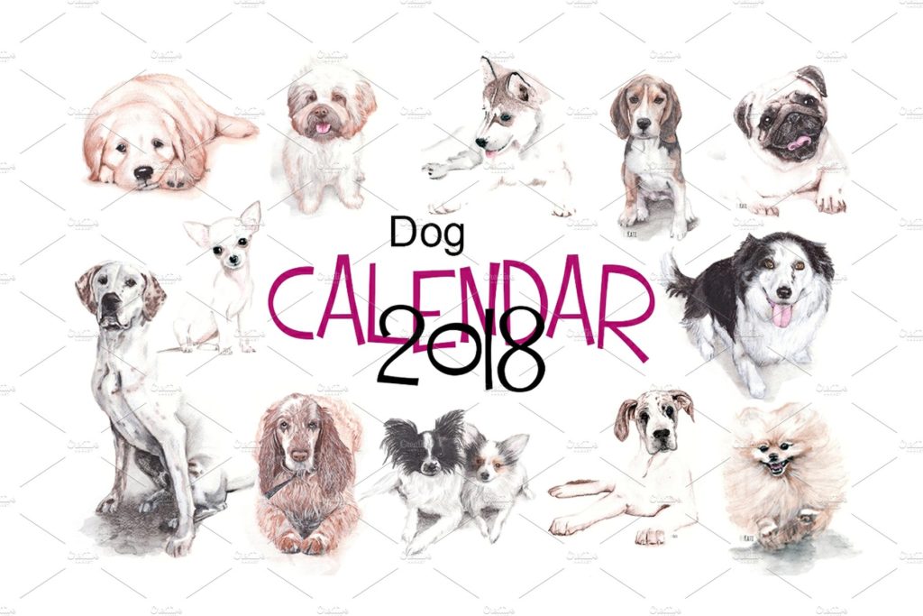 2018年水彩手绘狗狗日历模版下载Dogs calendar