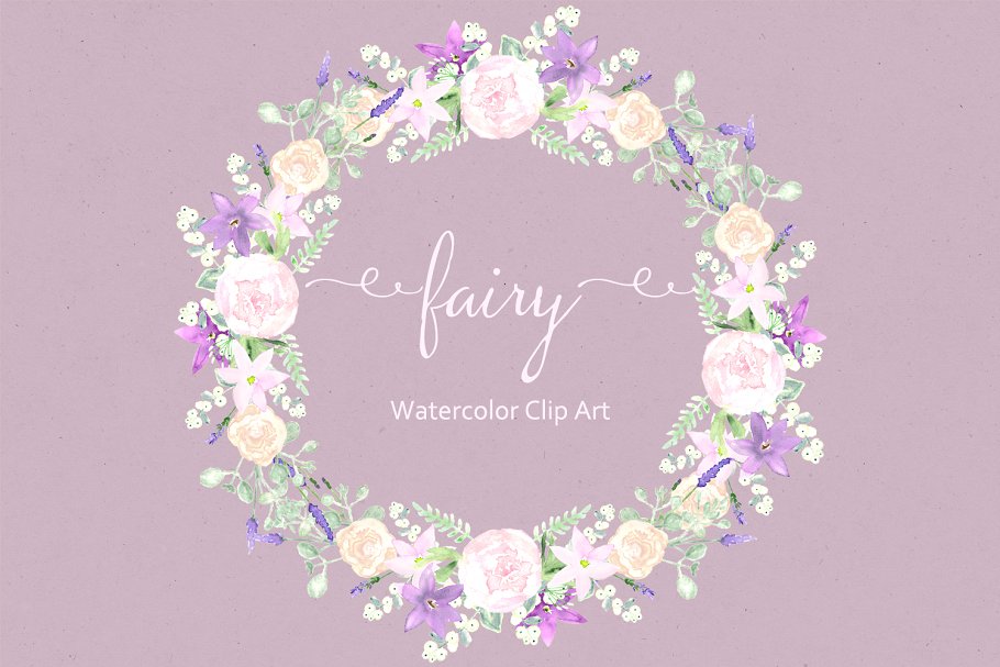仙女。紫色水彩剪贴画素材 Fairy.-Watercolor