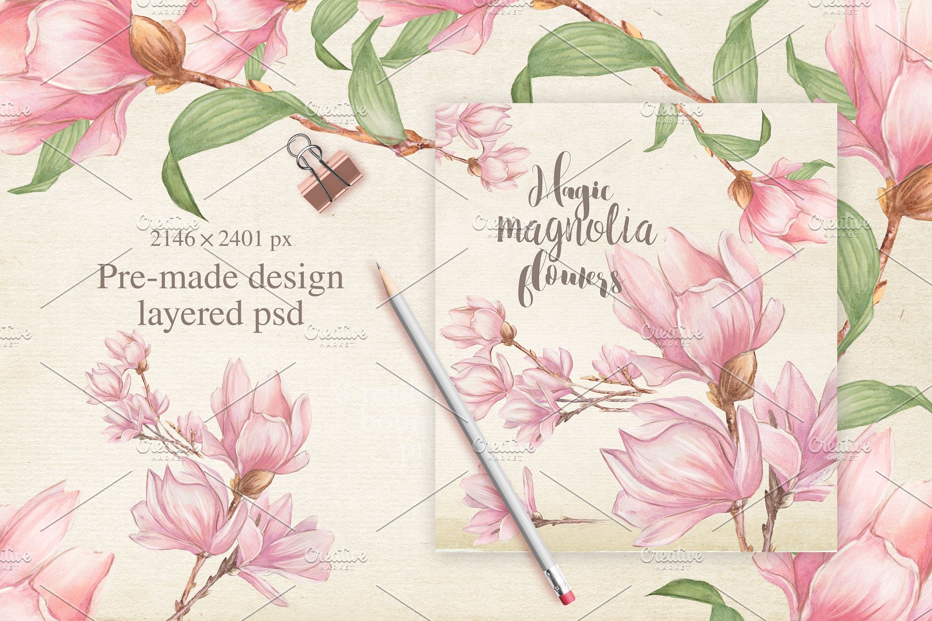 高清水彩木兰花图案素材 Magnolia flowers