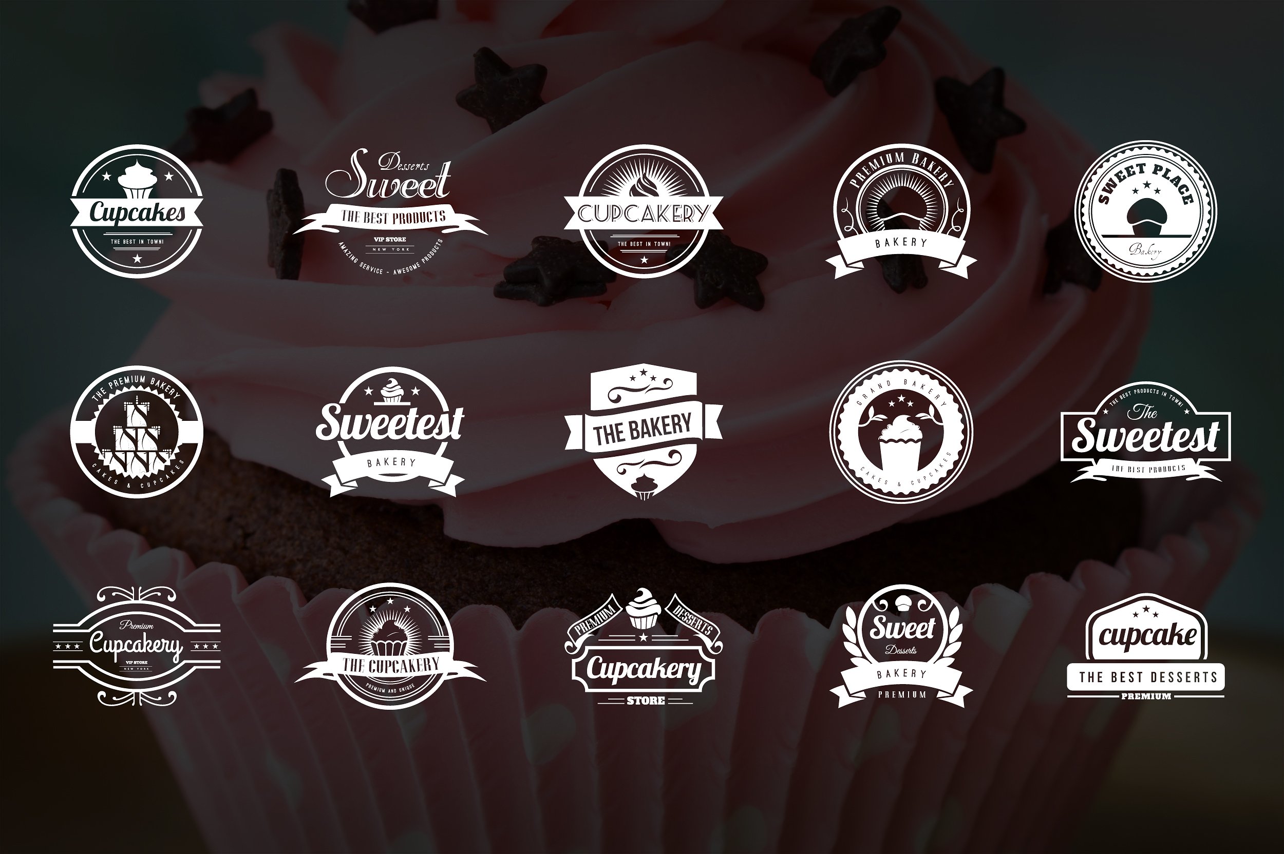 15组蛋糕甜点面包房复古风格徽章图标素材 Bakery, C