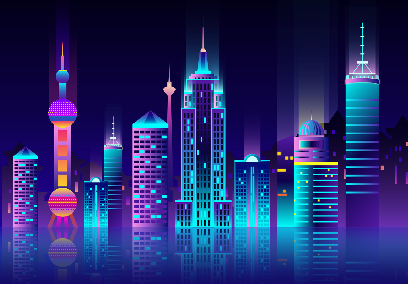 扁平化流行渐变色城市夜景高楼风景房屋平面海报背景AI矢量设计