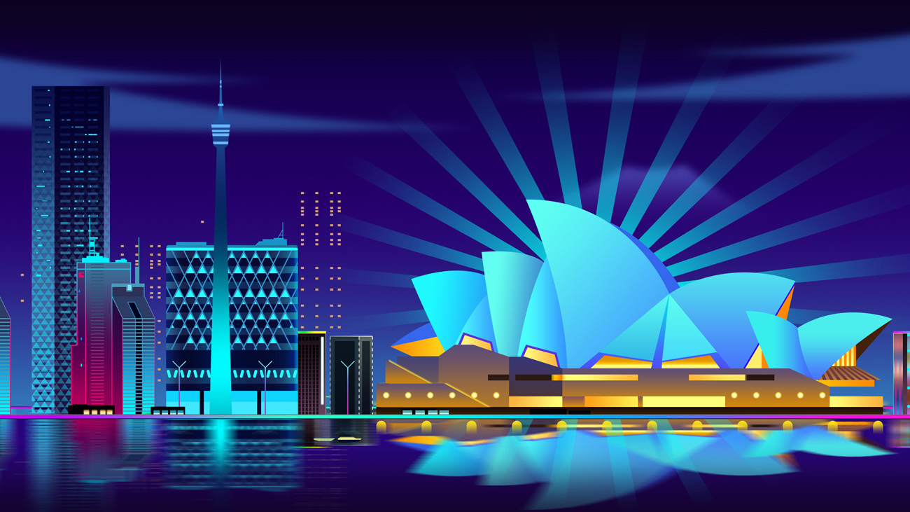 扁平悉尼歌剧院城市高楼风景房屋平面渐变UI海报背景设计素材