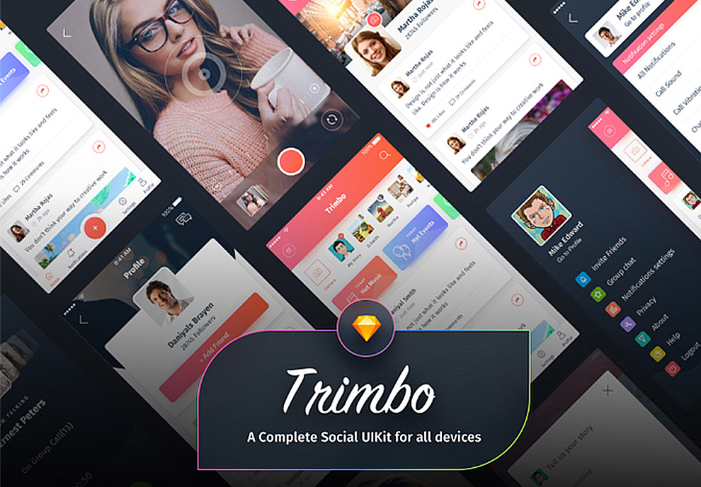 完整的时尚社交应用程序APP UI kit工具包Trimbo
